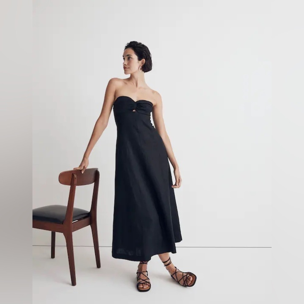 NWOT Madewell Elegant Black 100% Linen Cutout Strapless Midi Dress - 6